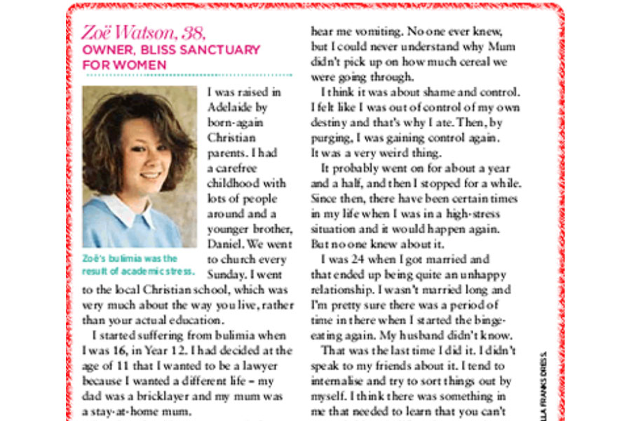 Womens Weekly magazine Zoe eating disorder